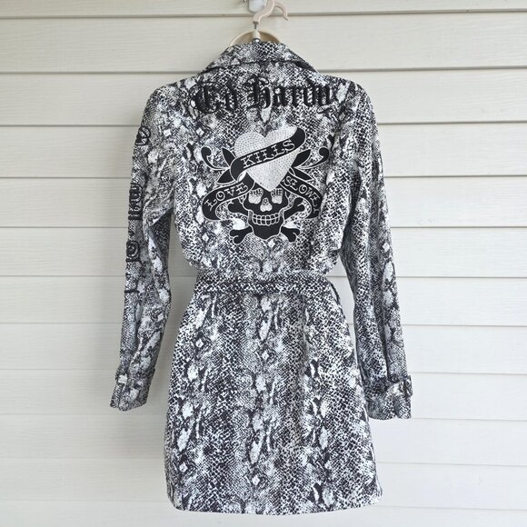 ED HARDY Black White Snake Print Belt Appliqued Rhinestones Trench Coat - Picture 3 of 13